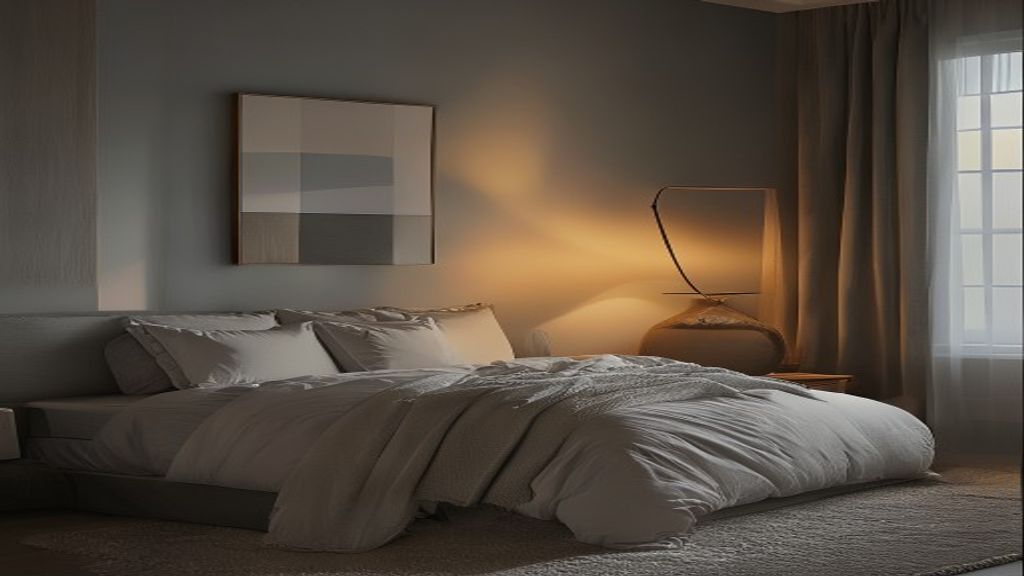 Soft evening light in a peaceful bedroom with warm ambient lighting and calming atmosphere