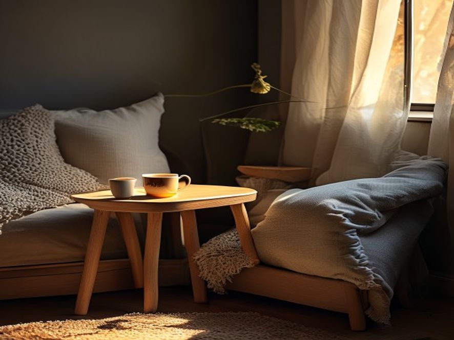 A calm bedroom corner with soft warm lighting, comfortable cushions, and a small side table with herbal tea