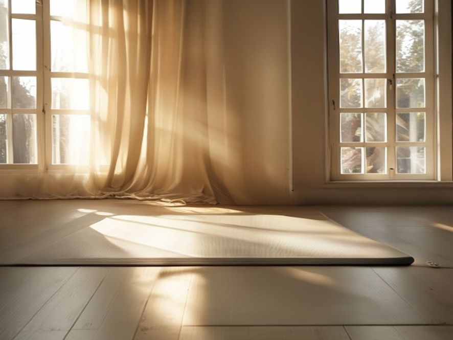 A serene setting showing gentle yoga poses and stretching positions in a softly lit space