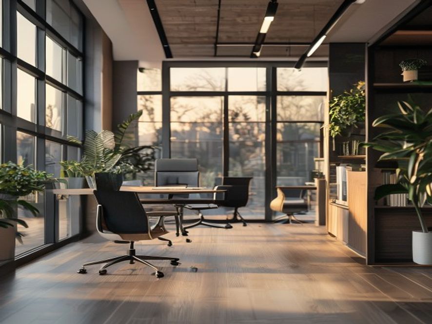 A calm, well-organised workspace with plants, warm lighting, and peaceful surroundings